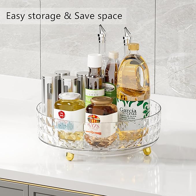 360 Rotating Makeup Organizer for Vanity, Diamond Pattern Skincare Organizer Perfume Lazy Susan Organizer Bathroom Makeup Countertop Spinning Holder, Cosmetic Storage Display Cases (Clear)
