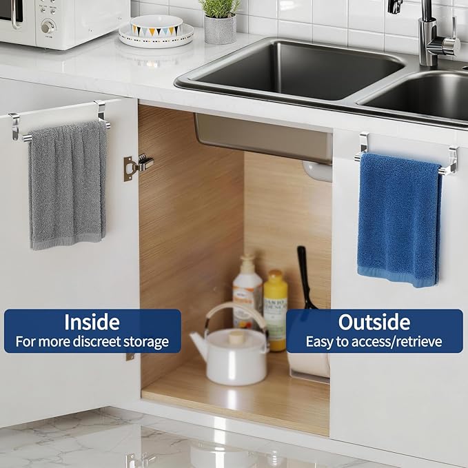 Over Cabinet Towel Holder, Stainless Steel Over The Cabinet Towel Rack for Kitchen Cabinet Doors Towel Bars, 2 Pack Dish Towel Bars (Brushed Nickel)