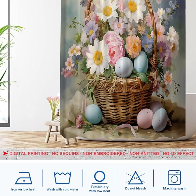 Shrahala Basket Flowers Eggs Decorative Shower Curtain, A Basket Filled with Flowers and Eggs Bathroom Décor Polyester Fiber Waterproof with Plastic Rings for Shower Stall Bathtubs 72 X 60 in