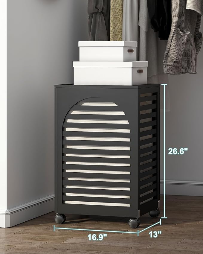 Black Laundry Hamper with Wheels, Laundry Basket with Lid, 22.5 Gallon (85L) Bamboo Wood Clothes Laundry Hamper 2 Section with Handles, Removable Liner