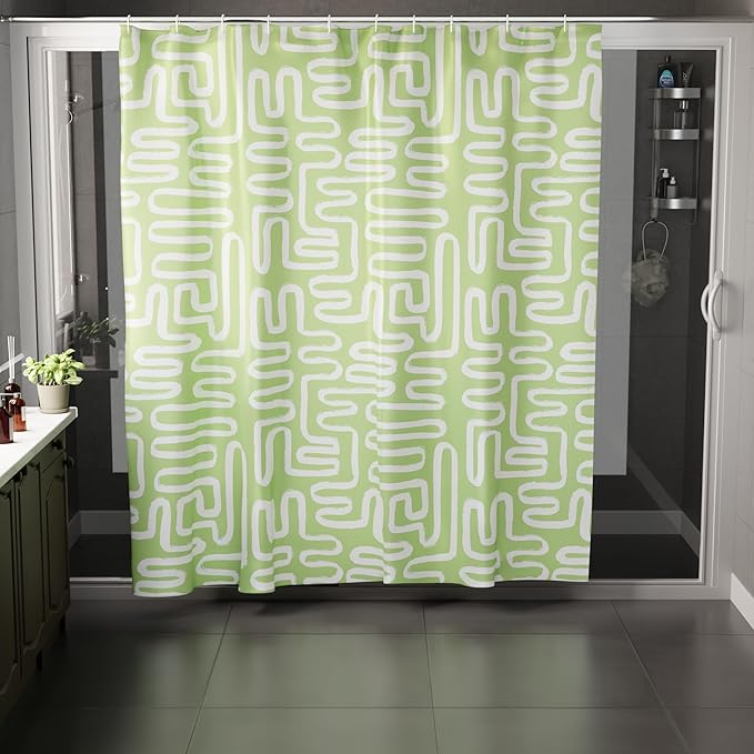 Encasa XO Shower Curtains for Bathroom 72x72 in with 10 Hooks | Waterproof Shower Liner Curtain | Premium Polyester Machine Washable Curtain for Bathroom - Boho Maze Sage