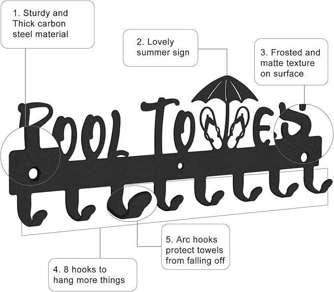IBosins Pool Towel Rack with 8 Hooks, Towel Holder Wall Mounted for Outdoor or Bathroom, Towel Hanger for Hanging Bathrobes, Towels, Clothes - Perfect Pool Area Outside Sign and Decor (Black)