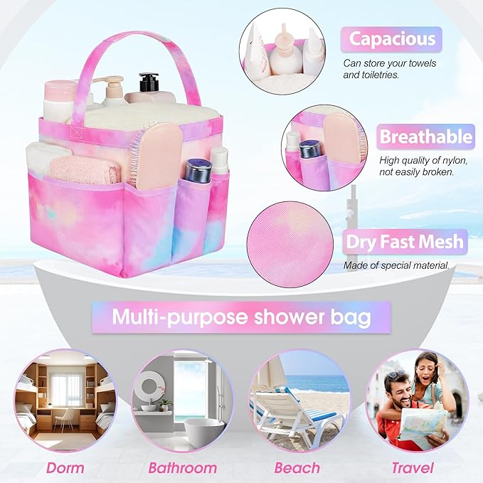 Attmu Mesh Shower Caddy Portable for College Dorm Room Essentials with 8 Pockets, Hanging Shower Caddy Dorm Basket, Quick Dry Shower Bag for Bathroom
