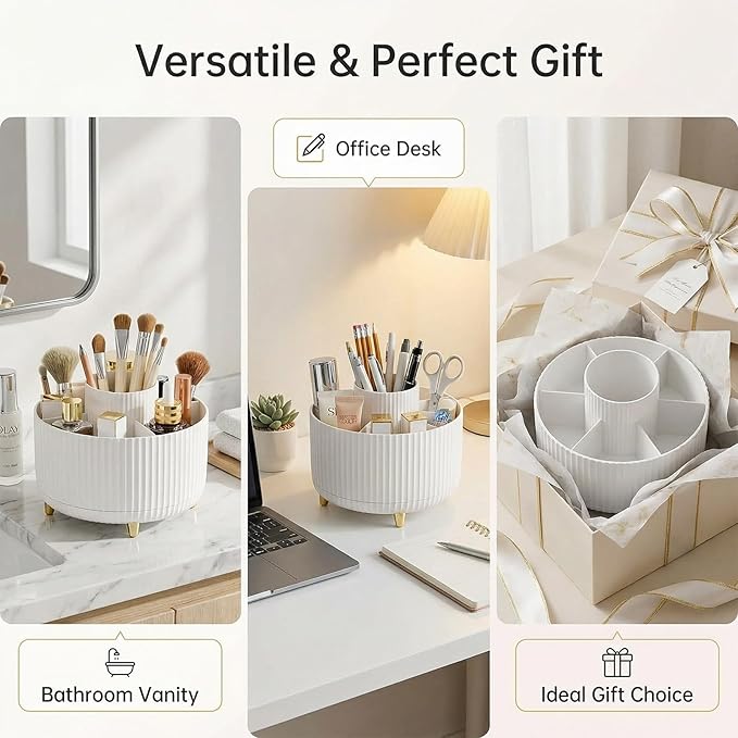 360?? Rotating Makeup Brush Holder with 5 Compartments ?€? Pure White ABS Cosmetic Organizer for Vanity, Bathroom, Desktop | Non-Slip Base, Space-Saving Design | Perfect Bridal Shower Gift