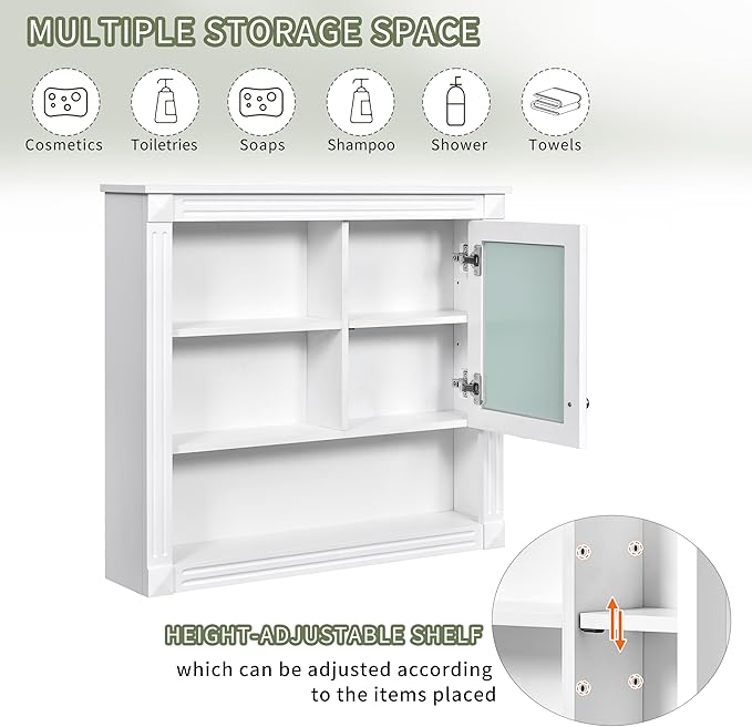 Merax Bathroom Medicine Cabinet with Mirror Door & Adjustable Shelves, 32" x 28" Wall Mounted Bathroom Storage Cabinet with Mirror, Over The Toilet