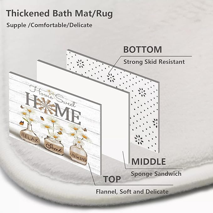 ALEXEX 4 PCS White Daisy Shower Curtain Sets,Home Sweet Bathroom Set with Shower Curtain and Rugs and Accessories,Farmhouse Country Shower Curtain Bathroom Decor with 12 Hooks,72 X 72 Inches