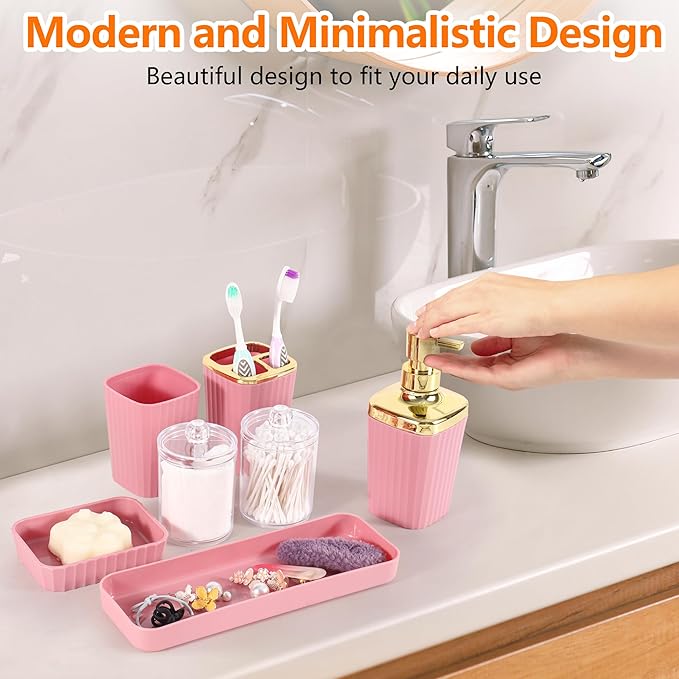 Pink Bathroom Set, 23 PCS Pink Bathroom Accessories Set with Shower Curtains, Trash Can, Toothbrush Holder, Soap Dispensers, Toothbrush Cup, Vanity Tray, Soap Dish, Toilet Brush, Qtip Holders