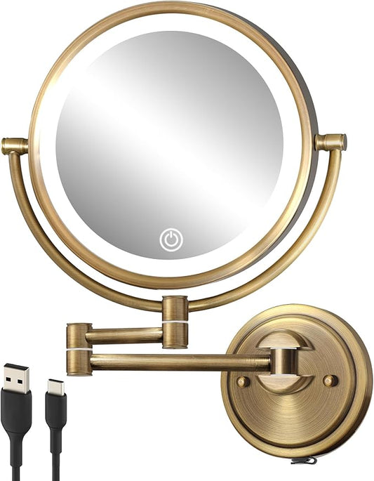 10" Rechargeable Wall Mounted Mirror Swing Arm Lighted, 1X/5X Double-Sided 3-Colors Touch Dimmable 2600 mAh Face Mirror Magnifying with Light Extended for Bathroom, Antique Brass