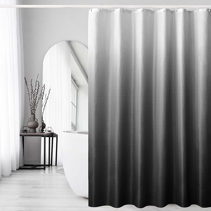 Gibelle Long Shower Curtain 72 x 78, Tall Black Ombre Shower Curtain for Bathroom, Waffle Weave Fabric Shower Curtain Set with Hooks, Water Repellent, Machine Washable