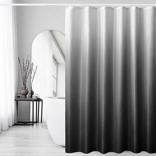 Gibelle Long Shower Curtain 72 x 78, Tall Black Ombre Shower Curtain for Bathroom, Waffle Weave Fabric Shower Curtain Set with Hooks, Water Repellent, Machine Washable
