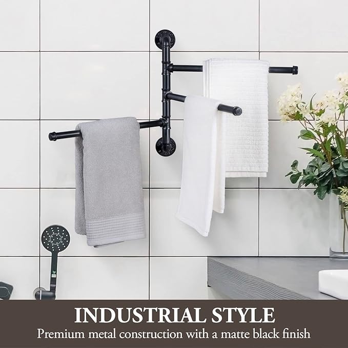 MyGift 3 Tier Swivel Towel Rack, Wall Mounted Bathroom Bath Towel Bar, Hanging Hand Towel Holder, Black Metal Industrial Pipe Design
