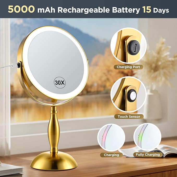 Makeup Mirror with Lights, 30X Golden Magnifying Mirror, 5000mAh Rechargeble Double Sided Mirror - Side Charge & Side Touch, Brightness Adjustable with 3 Colors, 360°Swivel Vanity Mirror