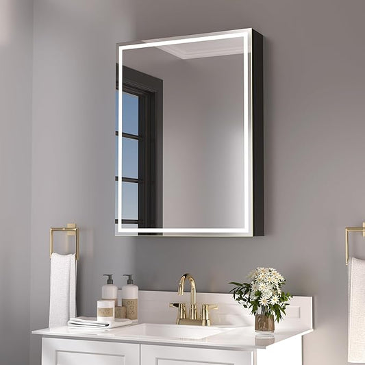32x24inch LED Medicine CabinetMirror with Lights for Bathroom,Defogger,Stepless Dimmable,3000K/5500K ColorTemperature Wall Mounted MakeupMirror,AdjustableShelf (Assembly Required), Black