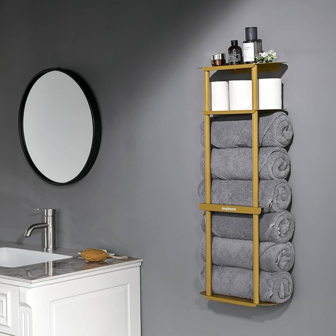 simpletome Towel Racks for Bathroom Storage Shower Organizer 31 inch Wall Mounted with Shelves Can Holds 6 Large Towels Thickened Carbon Steel(Gold)