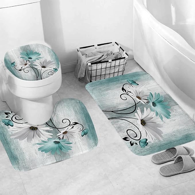 Onalasyc 4PCS Teal Daisy Country Farmhouse Shower Curtain Set with Shower Curtain and Carpet and Accessories, Waterproof Bathroom Shower Curtain Decorative Set with 12 pcs Hooks,71 x 71in