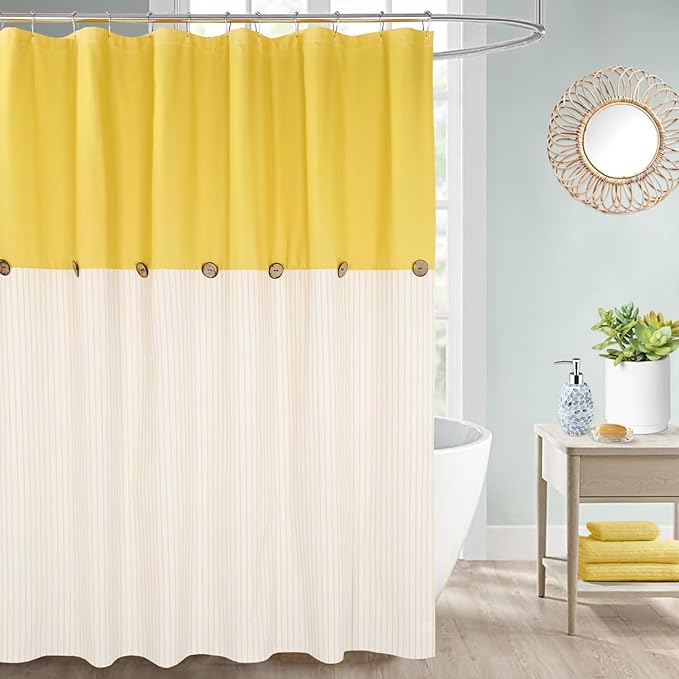 Farmhouse Yellow Shower Curtain,Beige and Yellow Stripe,Button Curtain,Linen and Cotton Woven Fabric,Rustic Charm Country Chic Style,72x72 in