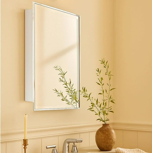 TEHOME 17.5'' x 29'' Polished Nickel Recessed and Surface Mount Bathroom Medicine Cabinet with Mirror Square Cornered Metal Framed Rounded Rectangle Medicine Cabinet Mirror