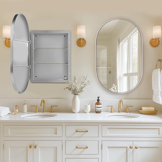 SogesHome Medicine Cabinet with 24x36 Oval Mirror, Wall Mount Bathroom Vanity with Storage, 2 Shelves, Perfect for Bathroom, Silver