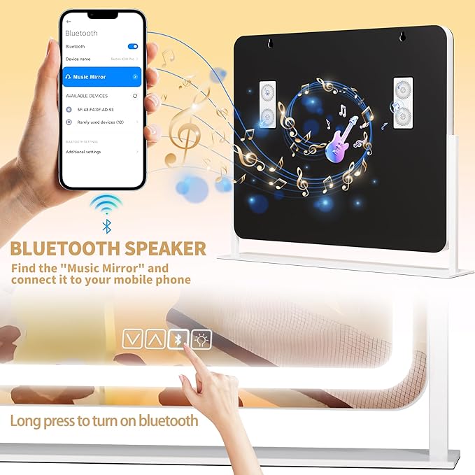 Hasipu Vanity Mirror with Lights and Bluetooth Speaker, 27.6" x 19.7" LED Makeup Mirror, Light up Mirror with 10X Magnification, USB Charging Port, Smart Touch 3 Colors Dimmable (White)