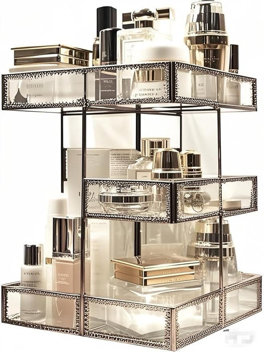 Luxury 360 Rotating Makeup Organizer, Antique Bronze Cosmetic Display Case with Glass Shelves, Vintage Vanity Storage for Perfume, Lipstick, Brushes, Bathroom & Dressing Table Decor