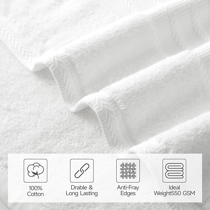 REDKISS 8 Piece White Towels Set - 100% Cotton Towels Set with 2 Large Bath Towels, 2 Hand, 4 Washcloths, 600 GSM Highly Absorbent Bath Towel Sets, White Quick Dry Shower Towel for Family Dorm Gym