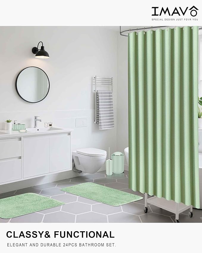 IMAVO Green Bathroom Accessories,Non Slip Absorbent Bathroom Rugs and Waterproof Shower Curtain with Hooks,Complete Bathroom Set for Bathroom Décor