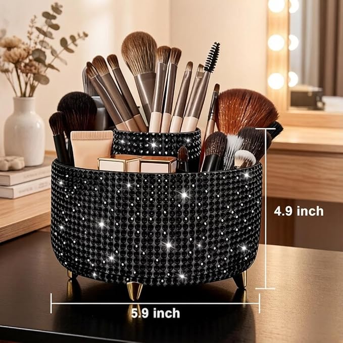 Bling Makeup Brush Holder,360° Rotating Makeup Brush Organizer,5 Slot Make up Brushes Cup for Cosmetics,Large Capacity,For Nail Polish, Art Supply, Bathroom Vanity,Cosmetics Organizer,Diamond Black