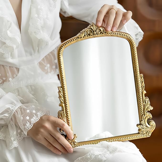 TenFuju Champagne Gold Vintage Baroque Vanity Mirror, Small Arched Tabletop Makeup Mirror, Free Standing Mirror for Dresser, Bedroom, Living Room, 11.8" x 9.6"