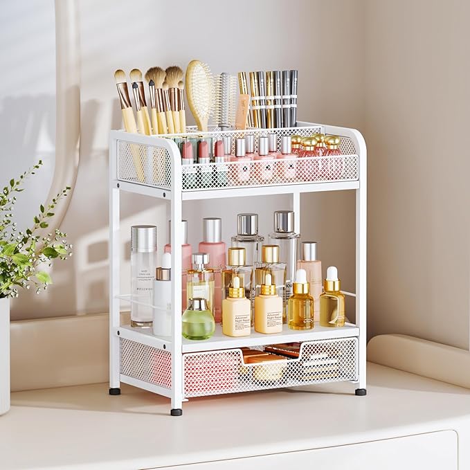 HapiRm Makeup Organizer Countertop with Drawer - Large Capacity Vanity Organizer with Dividers, Bathroom and Bedroom Desk Cosmetic Display Case for Storage Skincare, Makeup Brush, Dresser, Perfume