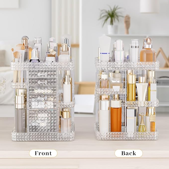 360 Rotating Makeup Organizer for Vanity, Large Skin Care Organizer with 6 Drawers Clear Acrylic Cosmetic Organizer Adjustable Spinning Makeup Storage Perfume Organizer for Dresser (Clear)