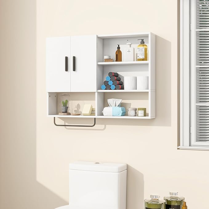 Medicine Cabinet, Wooden Bathroom Wall Cabinet with 2 Doors, Adjustable Shelves & Towel Bar, Over Toilet Storage Cabinet Wall Mounted for Kitchen & Laundry, White