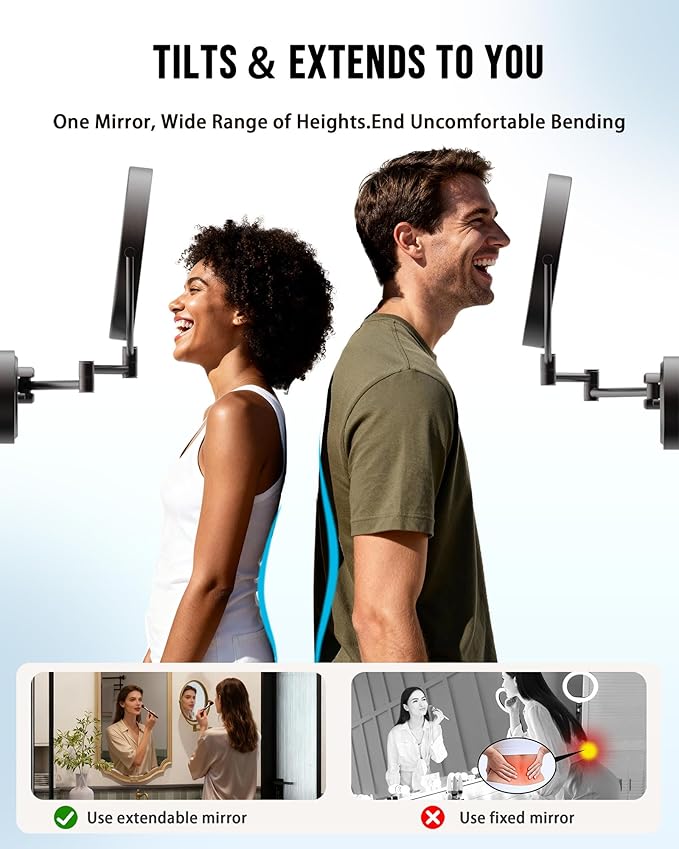 10" Brass Large Wall Mounted Makeup Mirror with Lights, 3 Color LED Touch Dimming Extended Arm, 1X/5X Double-Sided Magnifying Vanity Mirror for Bathroom, Hard Wired Oil Rubbed Bronze