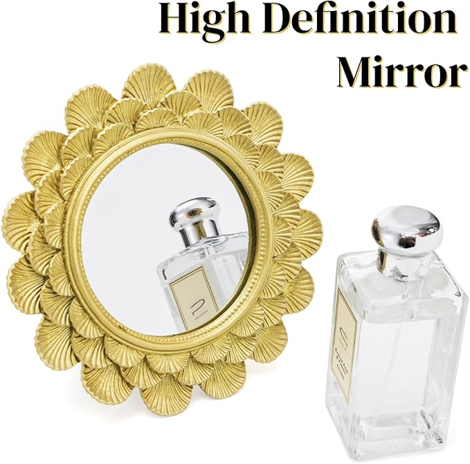 Eorbow 6.5" Vintage Vanity Makeup Desk Mirror, Small Gold Round Mirror for Table, Antique Scallop Edged Wall Mirror Decorative for Living Room Bedroom Dressing Tabletop