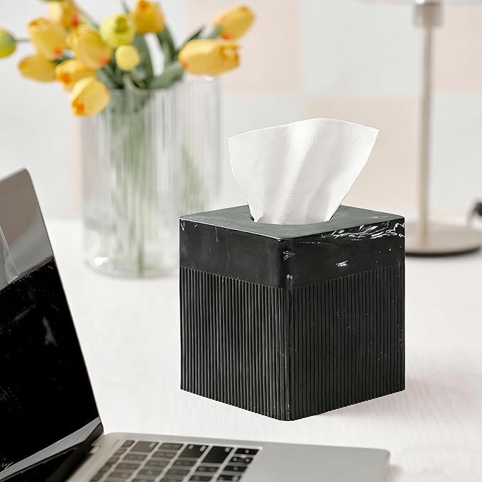 Tissue Box Cover Square Resin Tissue Holder for Home Decor, Hand Poured Marble Tissue Box Holder, 5 x 5 x 5.5 inches, Black