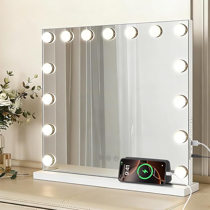 Hollywood Vanity Mirror with Lights, 22.05"x18.11" Hollywood Mirror with 10X Magnification, 3 Color Lighting Modes & 15 Dimmable LED Bulbs Makeup Vanity Mirror for Desk Wall-Mounted
