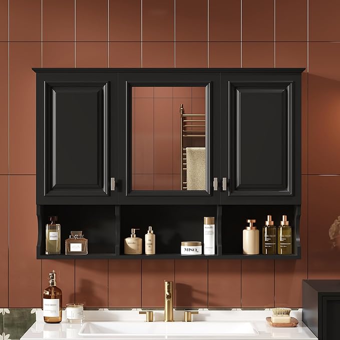 Virubi Bathroom Wall Cabinet with Mirror, Medicine Cabinet with 3 Doors and Adjustable Shelf, Space Saver Storage Cabinets Over The Toilet for Bathroom (41'' x 28'')