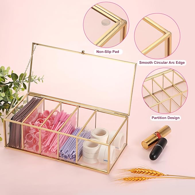ELLDOO Lash Extension Organizer Box with Lid, Gold Glass Eyelash Supplies Organizer Storage Box, 5 Compartments Bathroom Supplies Storage Container for Cotton Swabs, Balls, Pads, Floss Picks
