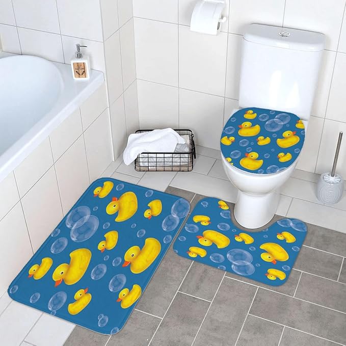 Ansouyi 4Pcs Bathroom Shower Curtain Sets with Non-Slip Rugs, Toilet Lid Cover and Bath Mat, Soap Bubbles Ducks on Blue Durable Waterproof Shower Curtain for Bathroom Set, 72x72 Inch