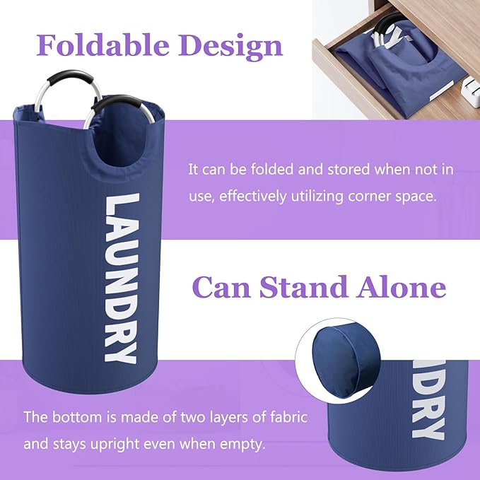 95L Collapsible Laundry Baskets for Boy, Big Clothes Hampers with Handles, Stand-alone Laundry Bin, Portable Dirty Clothes Basket for Bathroom, Camping, Navy Blue