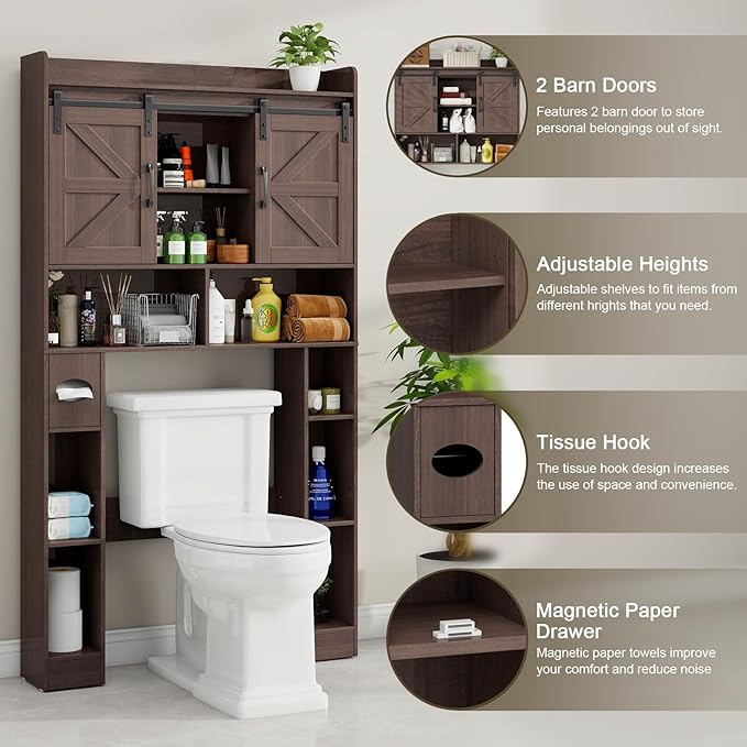 Vabches Farmhouse Storage Cabinet Over Toilet with Sliding Doors, Home Space-Saving Toilet Rack, Over The Toilet Storage Cabinet, Open Storage Shelf, for Bathroom, Laundry, Restroom.Espresso