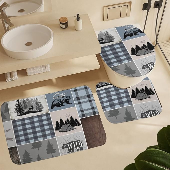 Rustic Bear Deer Shower Curtain Sets with Rugs 4 Piece Accessories Bathroom Curtains Shower Set Include Shower Curtain Non-Slip Rug Toilet Lid Cover Bath Mat One Size
