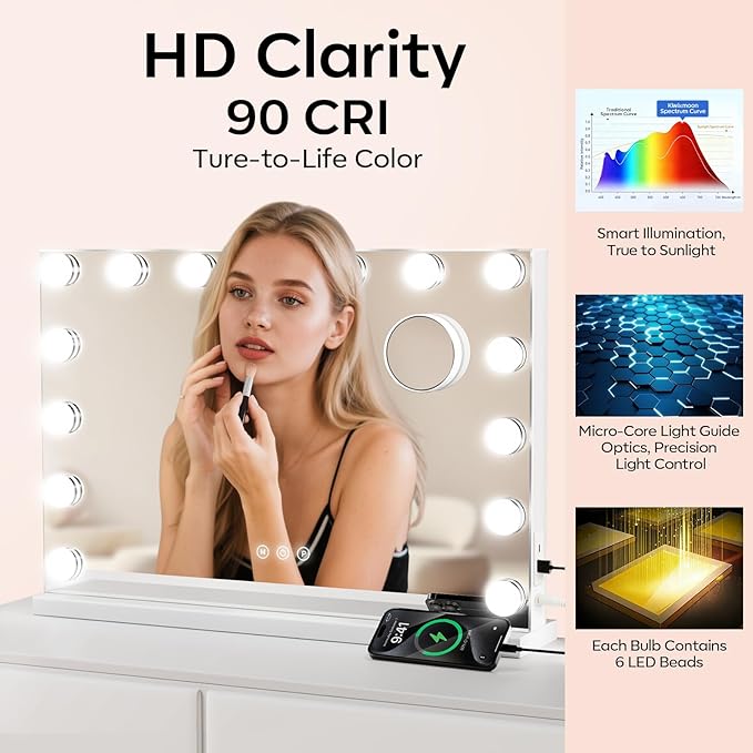 Hollywood Vanity Mirror with Lights, Lighted Makeup Mirror with 10X Magnification, 3 Color Lights, 15 Dimmable Bulbs, USB/Type-C Charging, Metal Frame, Gifts for Women, White (23" W x 18" H)