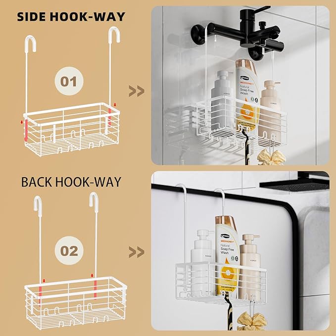 SHANSHUI Shower Hanging Caddy, Bathroom Shower Organizer Basket, Shampoo Bracket, Over Door Showers Rack with Hooks, 304 Stainless Steel Rustproof White