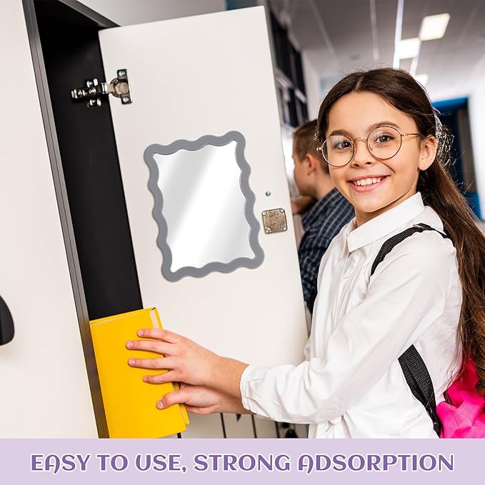 Leinuosen 1 Pcs Scalloped Magnetic Locker Mirror Small Real Glass Makeup Mirror with Magnetic Backing Cute Locker Decorations for Office Cabinet Lockers Accessories (5 x 7 Inch,Gray)