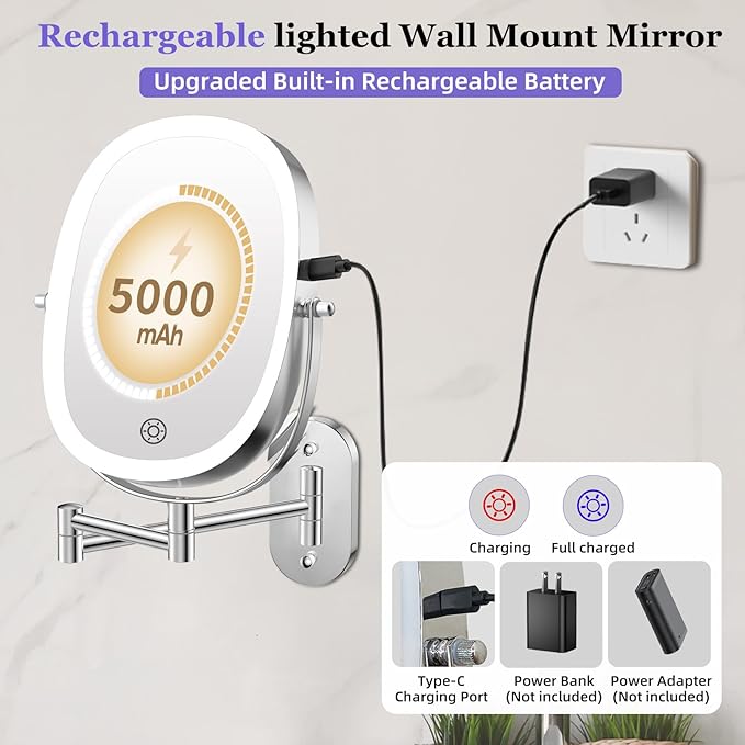 FUNTOUCH 30X/1X Wall Mounted Lighted Makeup Mirror,5000mAh Rechargeable Double Sided Magnifying Bathroom Lighted Mirror, 3 Color Modes Touch Dimmable Extended Arm 360 Rotation, Chrome