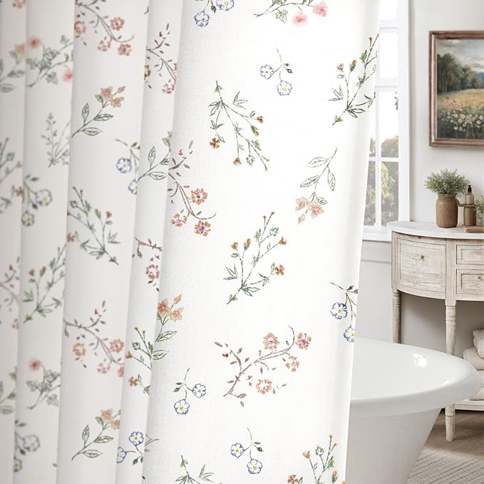Floral Farmhouse Vintage Cotton Shower Curtain, French Country Shower Curtains for Bathroom, 72Wx72H