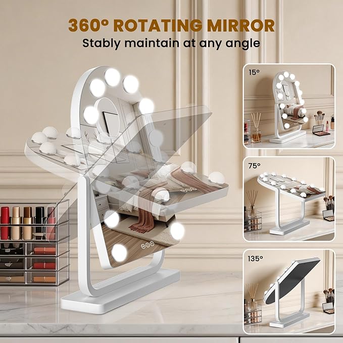Arched Vanity Mirror with Lights, 19"×14" Hollywood Makeup Mirror with 13 Dimmable Bulbs, 3-Color Lighting, Dimmable, 360° Rotation, 10x Magnification, Desk Mirror, Bedroom (White)