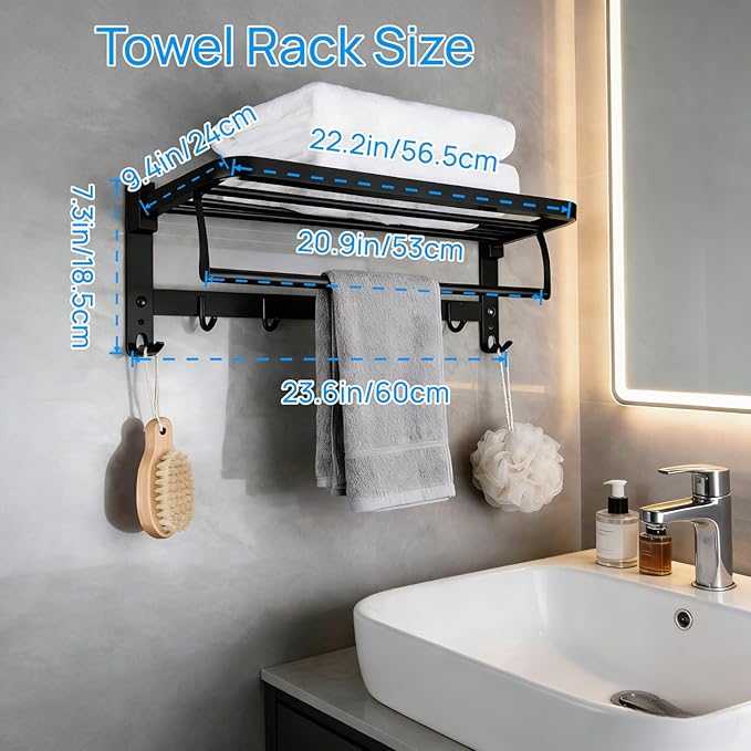 24" Double Towel Rack with 7 Hooks, SUS304 Stainless Steel Towel Bar Towel Rack with Shelf, 90° Foldable Towel Holder, for Bathroom Wall Mounted. (Matte Black)