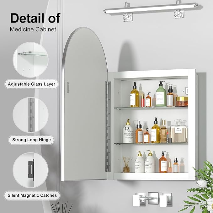 Recessed Medicine Cabinet with Mirror,Arched Medicine Cabinet for Bathroom,in Wall Bathroom Mirror with Storage,Brushed Nickel Mirrored Medicine Cabinets Wall Mounted,20x30
