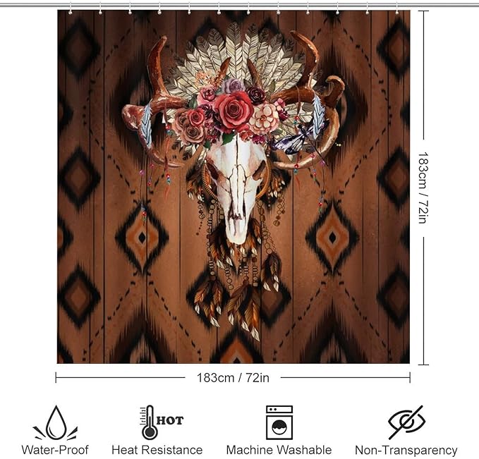 West Country Deer Skull 4 Piece Shower Curtain Sets, Non-Slip Rugs, Toilet Lid Cover and Bath Mat, Durable and Waterproof, for Bathroom Decor Set One Size